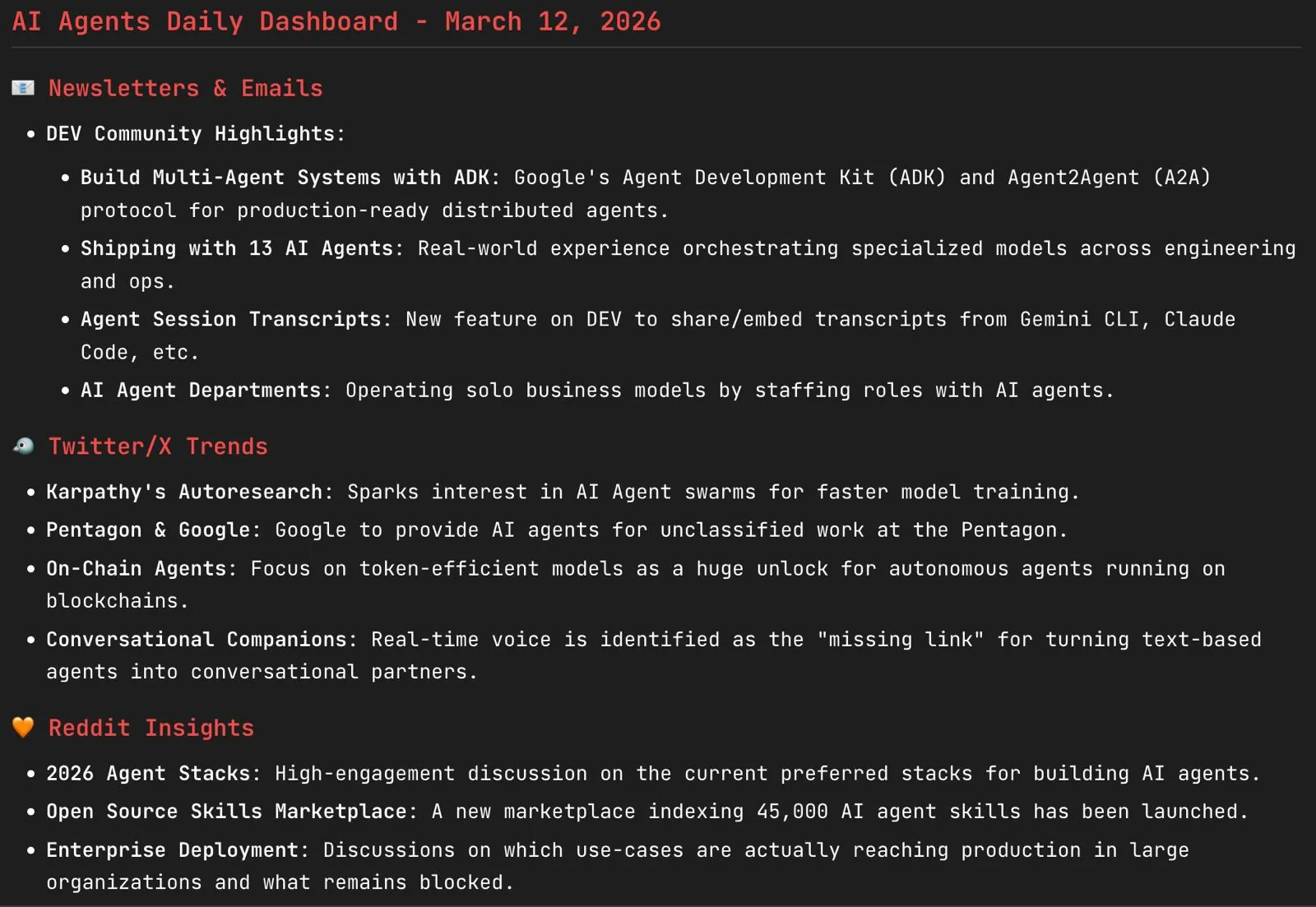 The daily-briefing.md output file showing structured sections for Reddit, Twitter, and newsletters with summaries and links