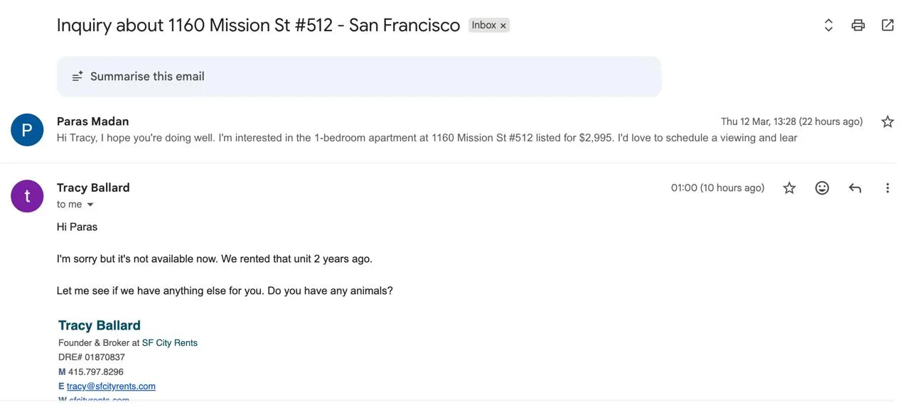 Reply from Tracy at SF City Rents expressing interest in the move-in timeline