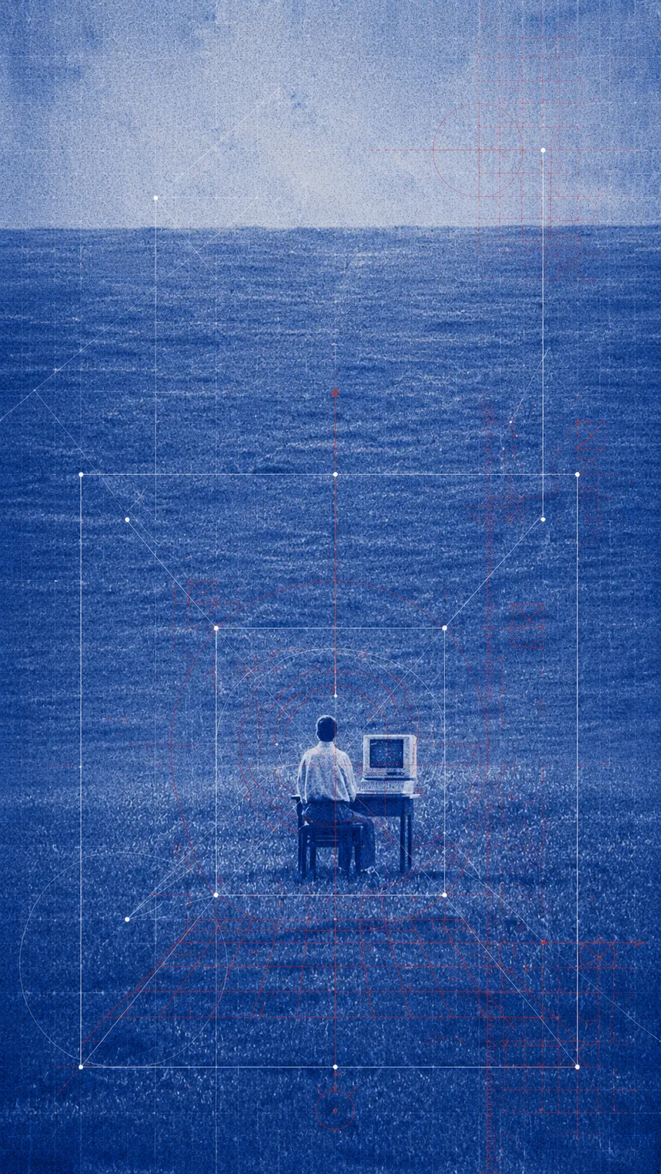 A curious mind sitting with a computer in a vast field