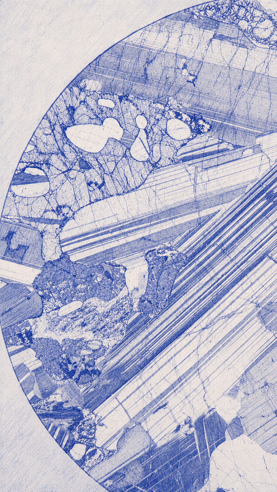 Blue archival microscopy plate of mineral structures and crystalline material patterns