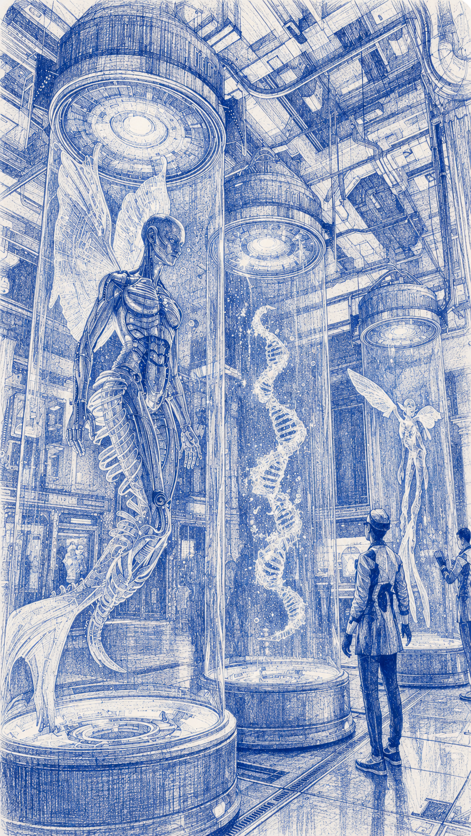 Archival biological illustration suggesting engineered cells and synthetic biology