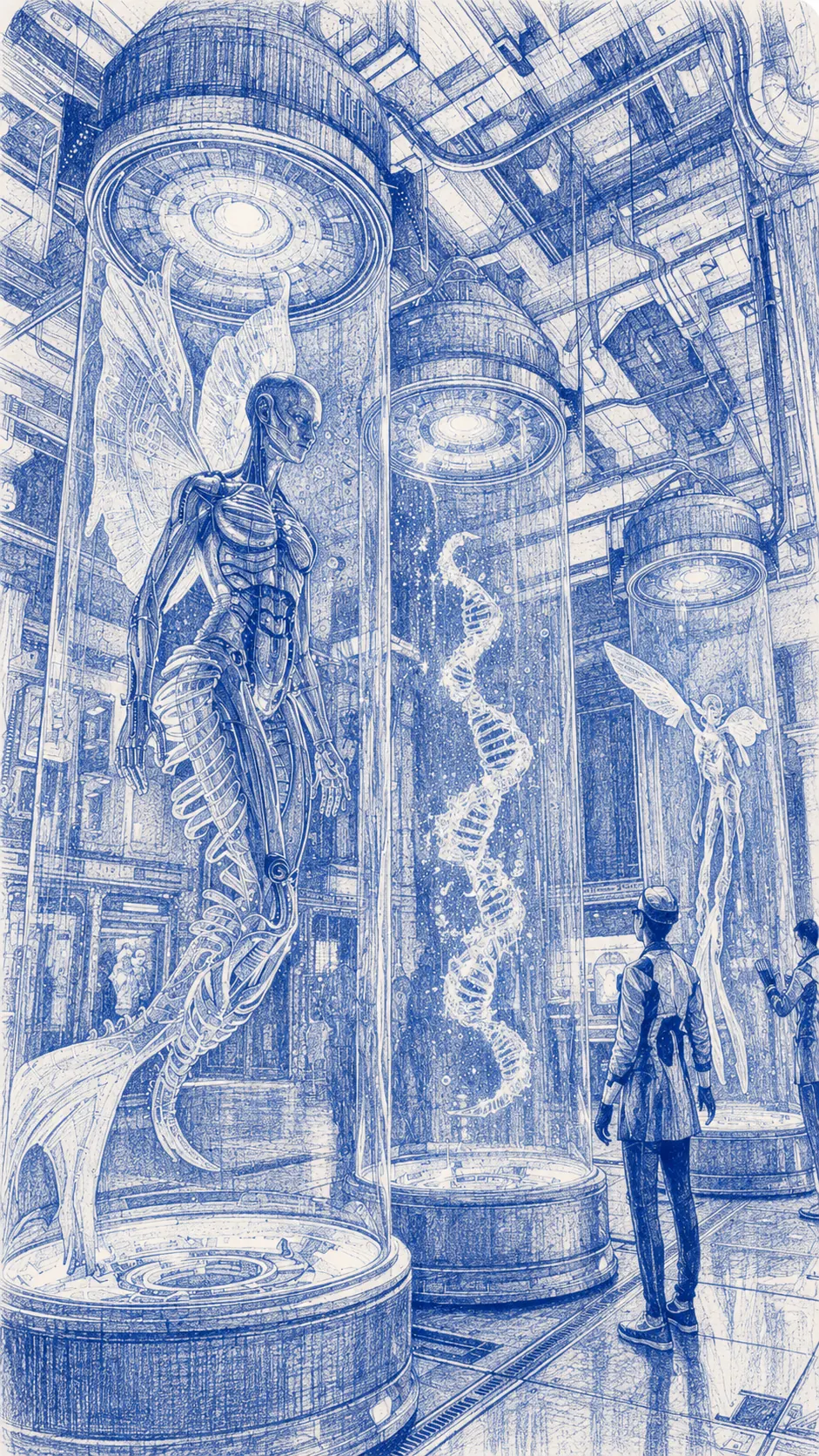Archival biological illustration suggesting engineered cells and synthetic biology